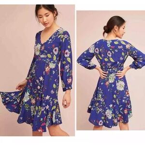 Anthropologie Maeve Boho Maplewood Blue Floral Dress Sz Small